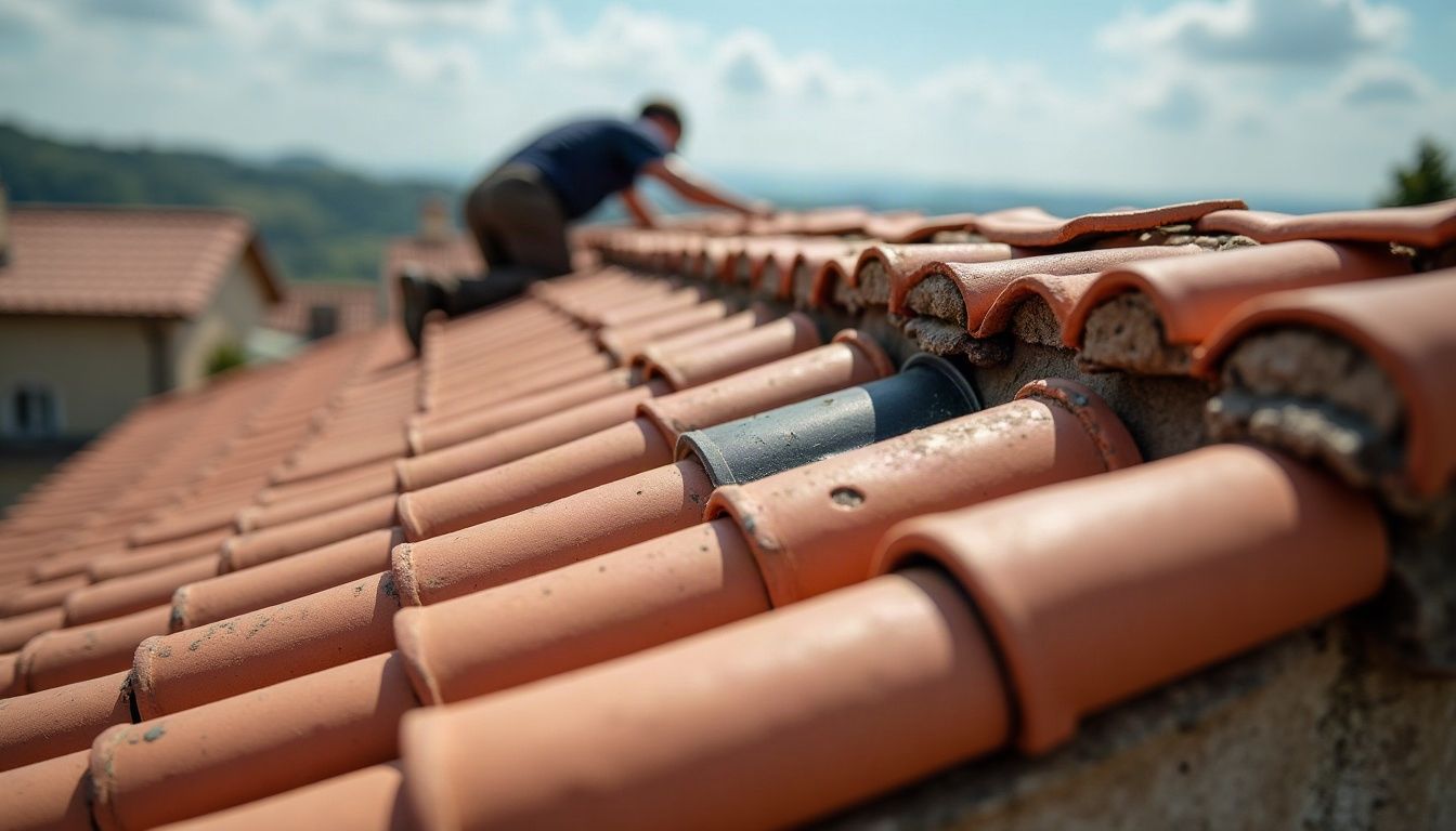 Toiture en tuiles de terre cuite avec plusieurs chatières de ventilation près du faîtage