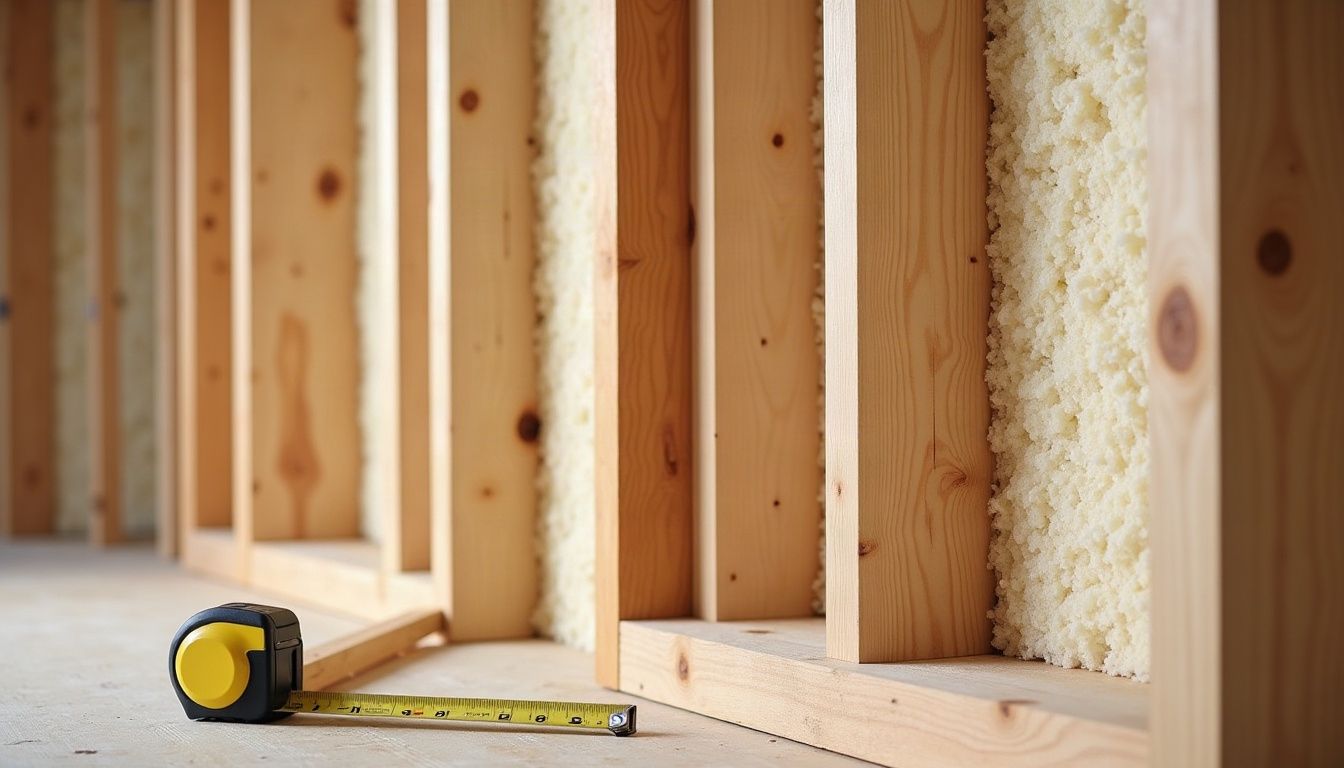 Coupe d’un mur à ossature bois avec montants, isolant en fibre de bois et panneaux