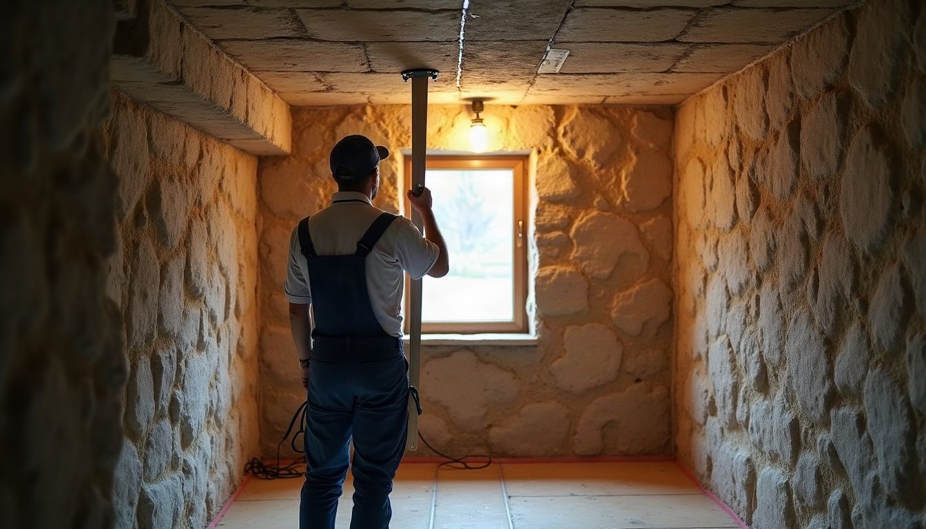 Panneaux isolants fixés sous la dalle au plafond d’une cave en pierre