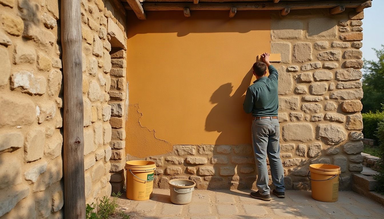 Artisan de dos appliquant un enduit à la chaux sur la façade d’une maison en pierre