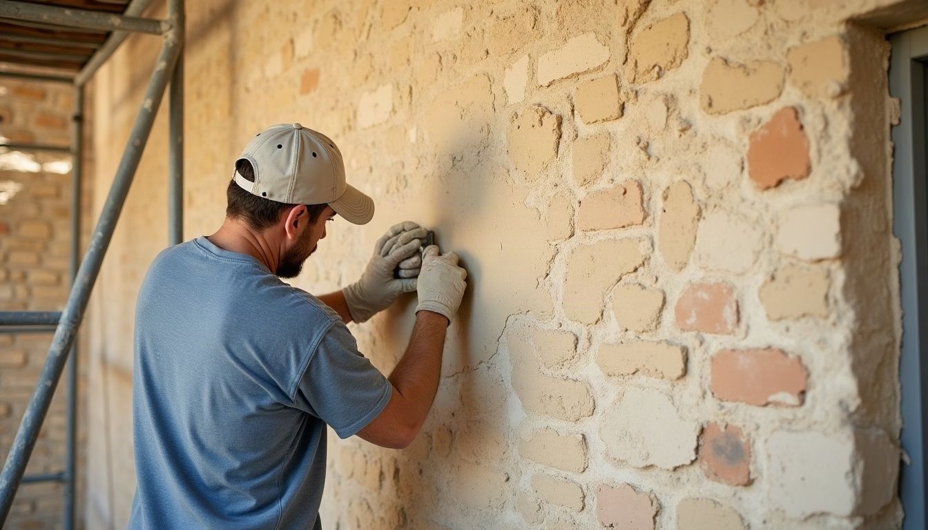 Façadier appliquant un enduit à la chaux sur le mur en pierre d’une maison ancienne