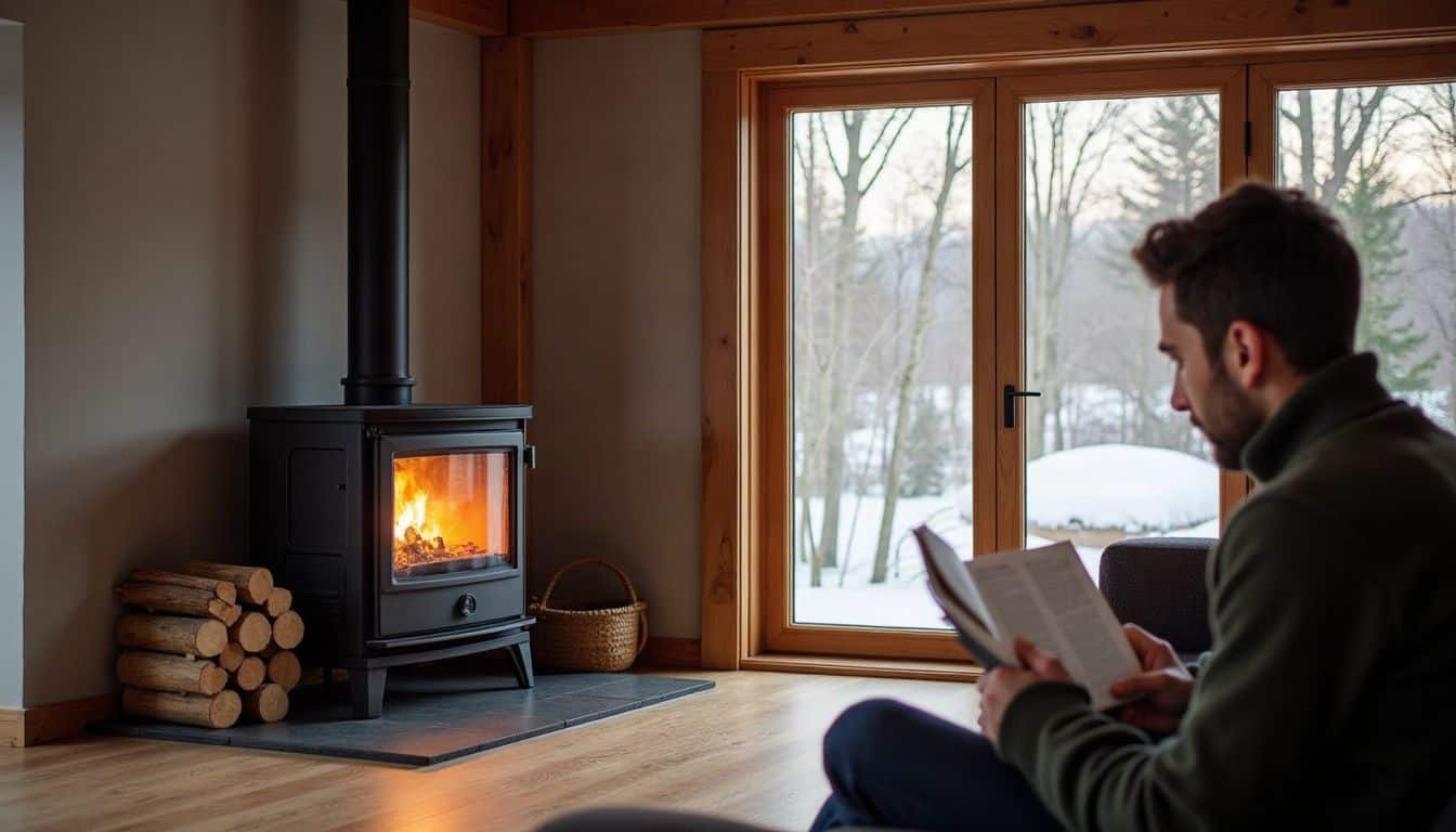 Poêle à bois allumé dans le séjour d’une maison récente bien isolée en hiver