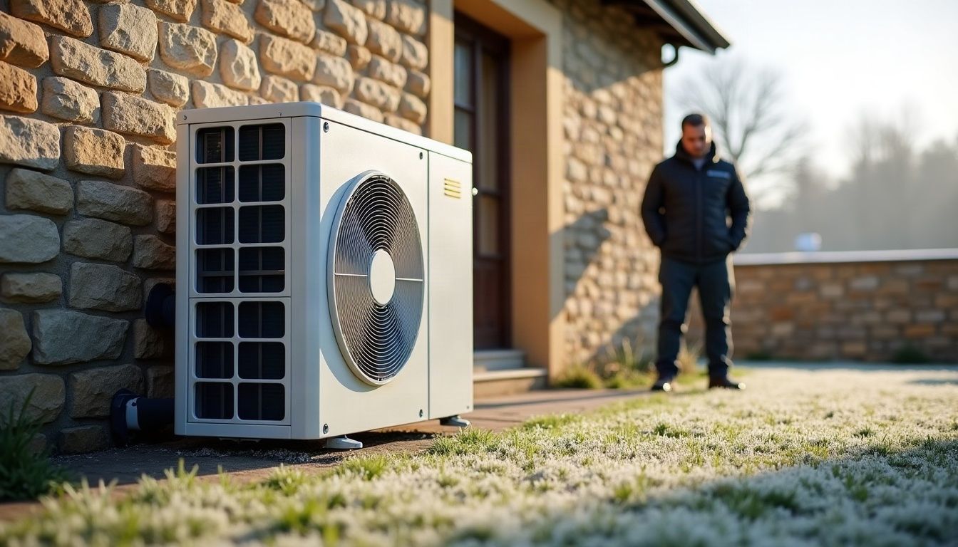 Unité extérieure d’une pompe à chaleur air eau contre le mur d’une maison en hiver