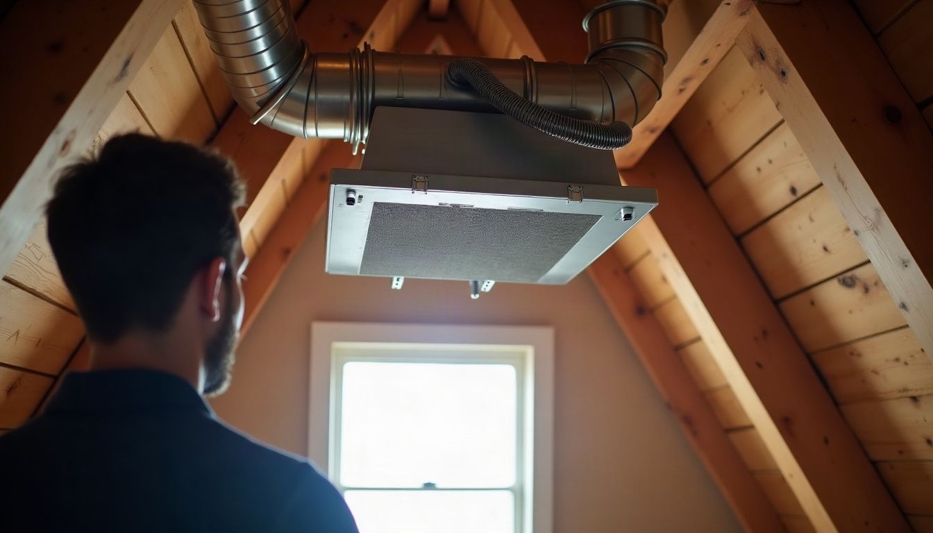 Caisson de VMC suspendu à une poutre dans des combles isolés, inspecté à la lampe